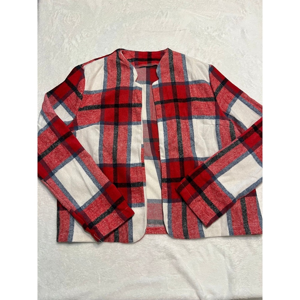 Womens Red White Plaid Open Front Cardigan Jacket Size L Lightweight Checkered
